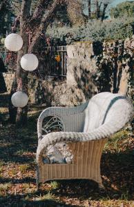 a wicker chair sitting in the grass in a yard at Casa Rural de Rafael Cabañas de Madera in Venturada