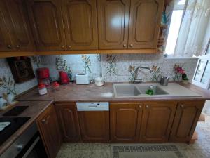 eine Küche mit Holzschränken und einem Waschbecken in der Unterkunft Διαμερισμα 77τ.μ in Sparta