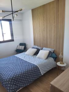 - une chambre avec un lit doté d'une couette et d'oreillers bleus dans l'établissement Appartement proche de toutes commodités, au Cannet
