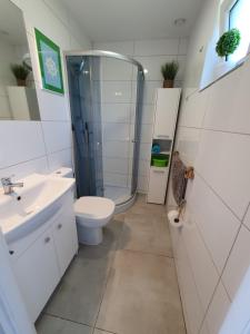 a bathroom with a shower and a toilet and a sink at Domki na Hamaku in Władysławowo