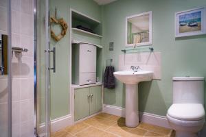 a bathroom with a toilet and a sink and a shower at The Old Stables Brongest in Troedyraur