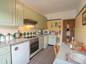 a kitchen with green cabinets and a counter top at Clydfan Apartment Aberporth in Aberporth