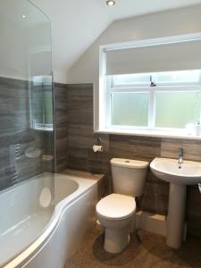 a bathroom with a toilet and a sink and a tub at Manchester House Narberth in Lampeter-Velfrey