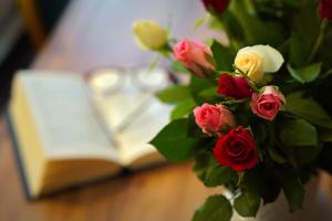 un jarrón de flores y un libro abierto sobre una mesa en Hotel Raj en Dedinky