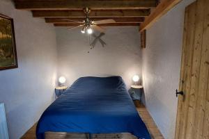 sypialnia z niebieskim łóżkiem i wentylatorem sufitowym w obiekcie L'Ardoisière: jolie maison ardennaise. w Alle