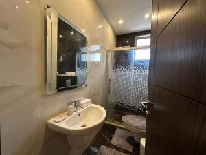 a bathroom with a sink and a toilet and a mirror at Luxury Abdoun apartment in Amman +24 photos