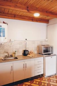 a kitchen with a sink and a microwave at Hospedaje Patagones. in Patagones