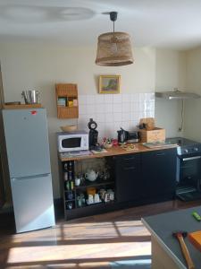 eine Küche mit einem weißen Kühlschrank und einer Mikrowelle in der Unterkunft Maison au coeur de Sancerre le N°7 in Sancerre