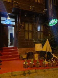 a room with potted plants on a red carpet at Nuray Hotel in Istanbul