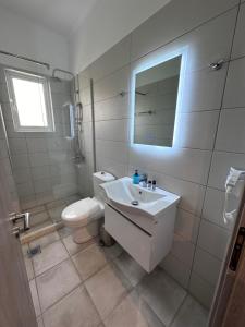 a bathroom with a sink and a toilet and a mirror at Vila Melina in Himare