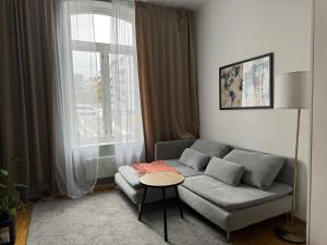 a living room with a couch and a window at Studio apartment in Oslo