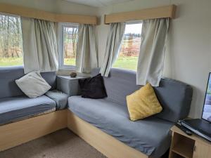 a living room with a couch and two windows at The Hidden Gem in Galloway Forrest in Balminnoch