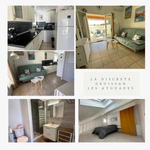 een collage van foto's van een keuken en een woonkamer bij La Discrète toute équipée avec piscine in Gruissan
