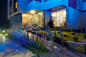 a house with blue lights on the side of it at Upart Home in Mersin