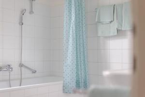 baño con ducha con cortina azul en Villa Rosengarten Schruns, en Schruns