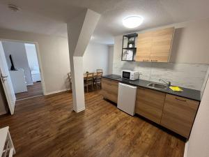 a kitchen with a sink and a counter top at ROTH´s Monteurs- und Ferienapartments in Dessau +22 photos