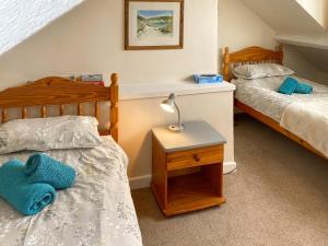 a bedroom with two beds and a lamp on a table at Cyll Y Felin Fawr 1 in Aberdaron