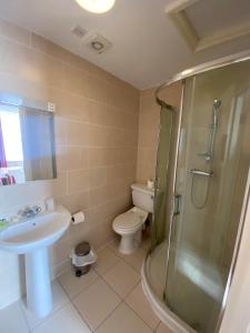 a bathroom with a sink and a shower and a toilet at The Lawn Hotel in Reading