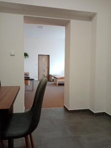 ein Wohnzimmer mit einem Stuhl und einem Tisch in der Unterkunft Apartmán Nepomuk in Nepomuk