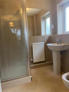 a bathroom with a shower and a sink at Highly Comfortable Home in Hatfield