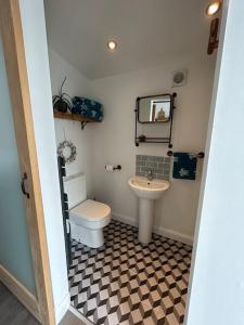 Baño pequeño con aseo y lavamanos en Little Clover en Malborough