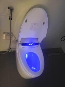 a white toilet with a blue seat in a bathroom at Jay's Villa 2 (Friendship) in Angeles