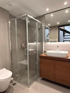 ein Bad mit einer Dusche, einem WC und einem Waschbecken in der Unterkunft Athenian Sky Lounge in Athen