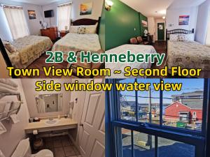 ハリファックスにあるThe Inn at Fisherman's coveのベッドルーム1室、町の景色を望む2階のサイドウィンドウ、水の景色