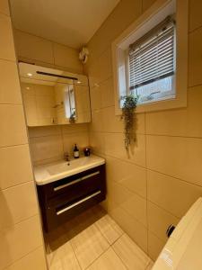 uma casa de banho com um lavatório e um espelho em Flott 4-roms leilighet til leie em Trondheim