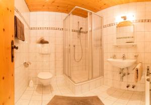 Un baño con ducha, inodoro y lavabo. en Hotel Christoph, en Neustift im Stubaital 37 fotos más