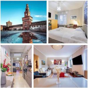 a collage of photos of a hotel room with a clock tower at Stylish and Perfect Place for Families and Friends in Milan