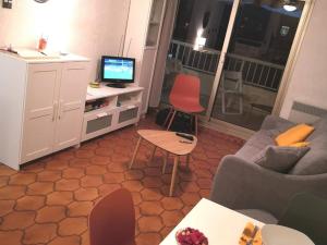 uma sala de estar com um sofá e uma televisão em Appartement Bormes-les-Mimosas, 2 pièces, 5 personnes - FR-1-610-54 em Bormes-les-Mimosas