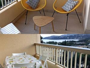 Duas fotografias de uma varanda com uma mesa e uma cadeira em Appartement Bormes-les-Mimosas, 2 pièces, 5 personnes - FR-1-610-54 em Bormes-les-Mimosas