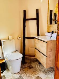La salle de bains est pourvue de toilettes blanches et d'un lavabo. dans l'établissement Kasbah Isfoula and Spa, à Aït Ben Haddou