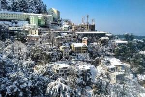 un grupo de edificios en una montaña cubierta de nieve en Kalawati Homes, en Shimla