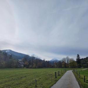 un camino a través de un campo con montañas en el fondo en Ferienhaus Sinning, en Leogang