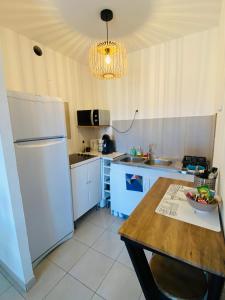 uma cozinha com um frigorífico branco e uma mesa em Appartement très lumineux au cœur du massif de la Sainte Baume em Plan dʼAups