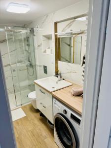 La salle de bains est pourvue d'un lavabo, d'une douche et de toilettes. dans l'établissement Fredry 15F, à Cracovie