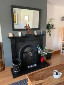 a living room with a fireplace and a mirror at Tramore Holidays in Tramore