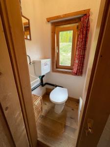 a small bathroom with a toilet and a window at Zauberberg in voller Pracht in Sertig Döfli