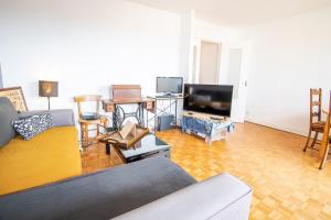 ein Wohnzimmer mit einem Sofa und einem TV in der Unterkunft Le Botanique - Joli appart à Tours in Tours