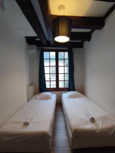 two beds in a room with a window at Between old-world charm and modernity in Tours
