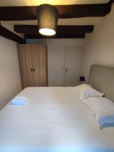 a bedroom with a large white bed with a ceiling at Between old-world charm and modernity in Tours
