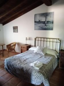ein Schlafzimmer mit einem Bett, einem Stuhl und einem Tisch in der Unterkunft LA CASONA in Jaraiz de la Vera