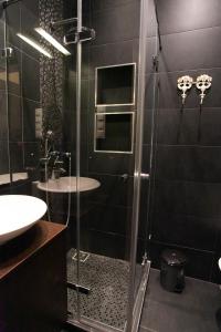 y baño con ducha acristalada y lavamanos. en Elisabeth apartment en Budapest