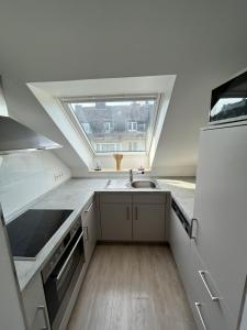 a kitchen with a sink and a skylight at Fürstenwall Suite in Düsseldorf