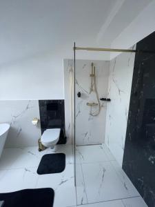 een badkamer met een toilet en een glazen douche bij Boardinghouse Schongau in Schongau