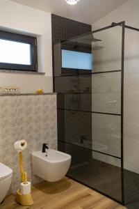 a bathroom with a glass shower stall and a sink at Blue Paradise in Buhalniţa +30 photos