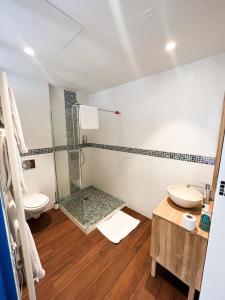 a bathroom with a shower and a toilet and a sink at Les Cabanons de Fonfon in Marseille