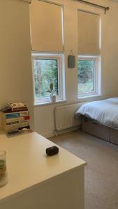 a bedroom with a bed and two windows and a desk at A quiet haven in the city in Birmingham